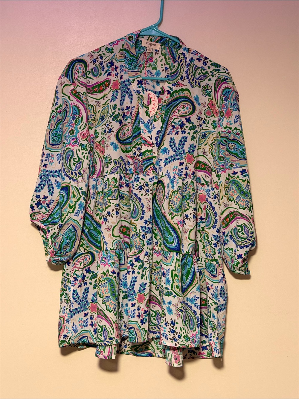 Umgee Paisley V-Neck Blouse in Blue, Green & Pink